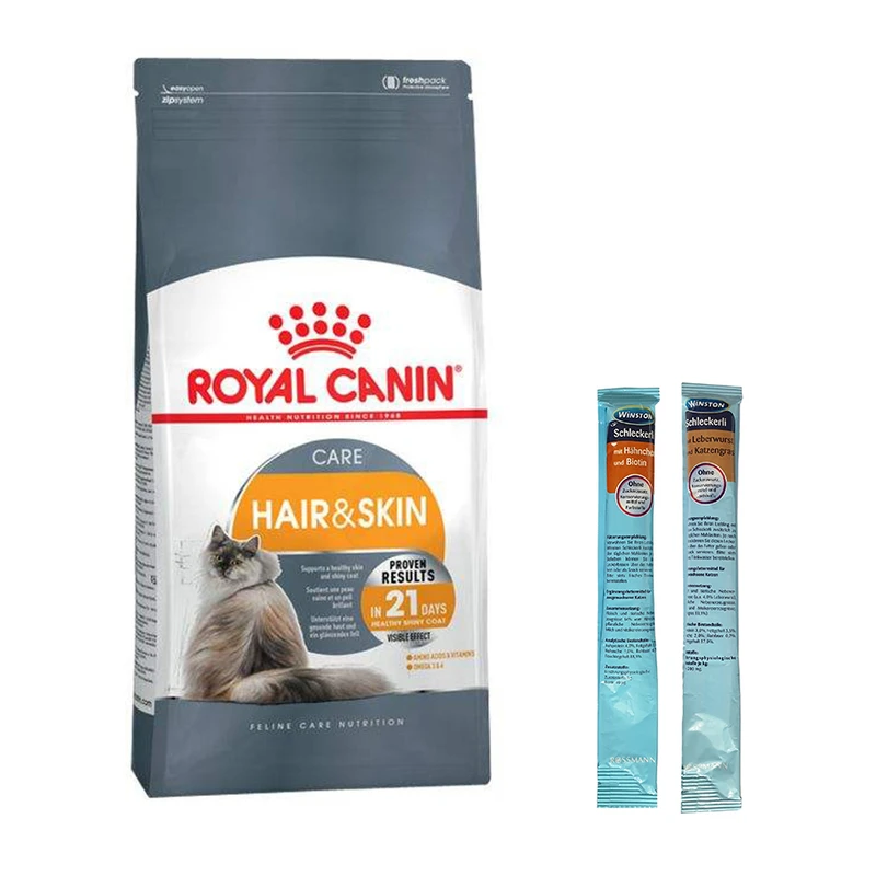 غذای خشک گربه رویال کنین مدل Hair and Skin وزن ۲ کیلوگرم به همراه  بستنی گربه