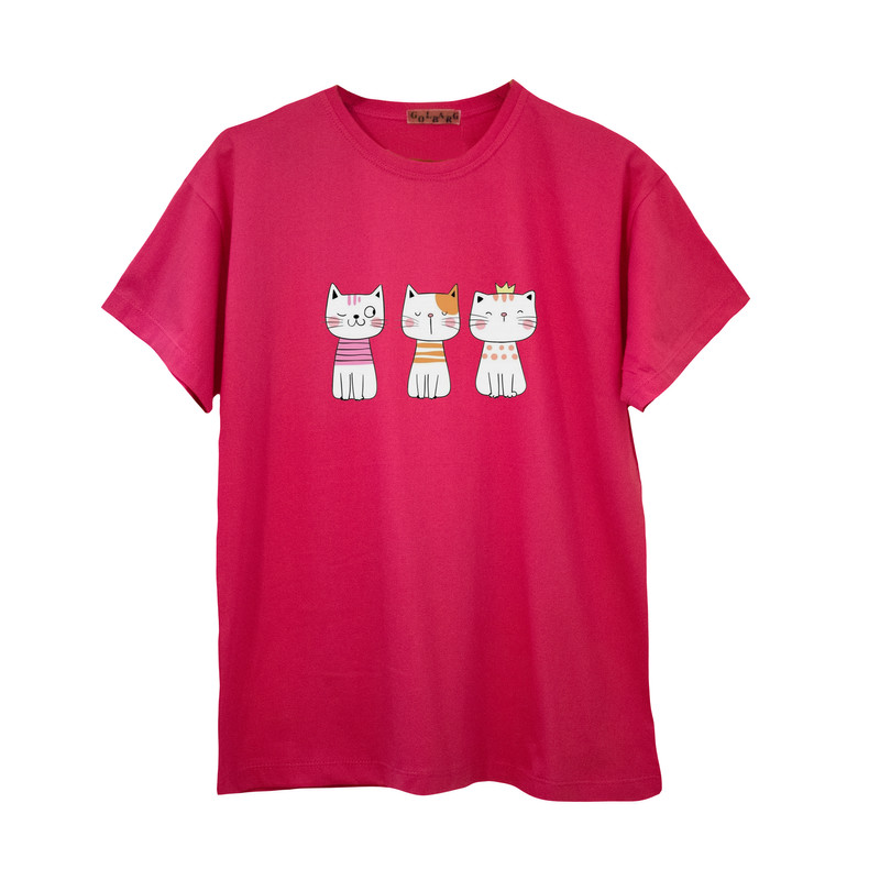 تی شرت آستین کوتاه زنانه مدل گربه های موزی رنگ سرخابی