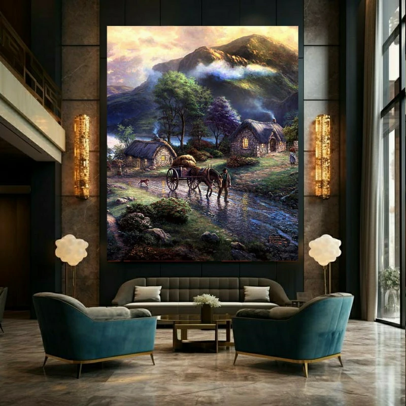 پوستر پارچه ای طرح مخمل کلبه سنگی مدل روستای بارانی کد BK24278