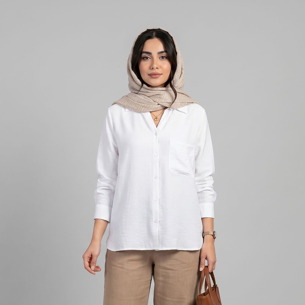 شومیز بیسیک زنانه پلی‌استر روی باسن ایکس‌ساید مدل S533683Z8، آستین‌بلند، یقه‌برگردان، دکمه‌دار، تن‌خور معمولی، مناسب استفاده روزمره