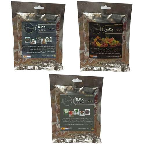 کود فسفر ریشه زایی (10-52-10) و پتاس و کود کامل (20-20-20) مدل raw material وزن 150 گرم بسته 3 عددی
