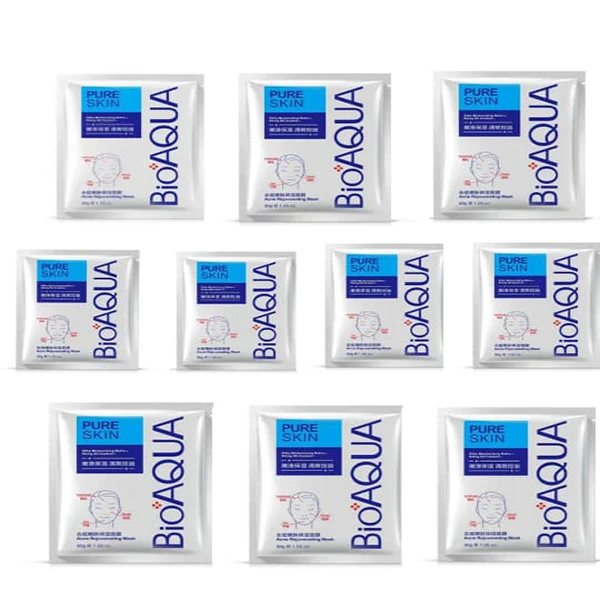  ماسک صورت بایو آکوا مدل ضد آکنه کد BQY0733 وزن 30 گرم بسته 10 عددی