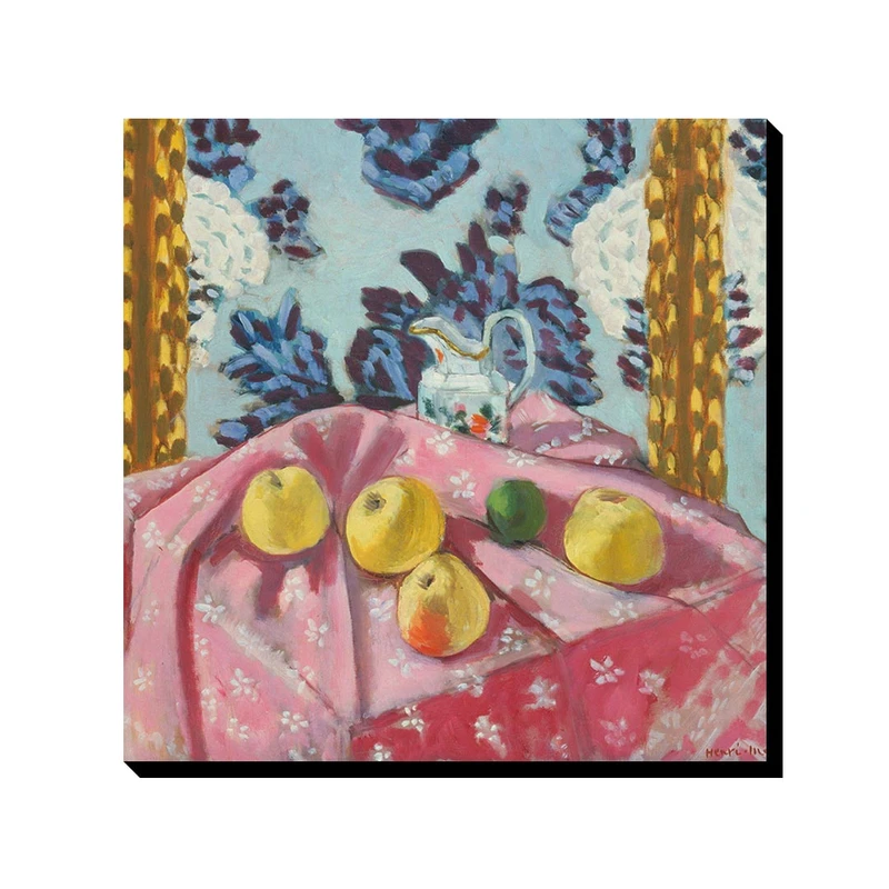 تابلو شاسی ترمه طراحان ایده مدل اشیاء بی جان، سیب روی رومیزی صورتی از ماتیس کد art0659