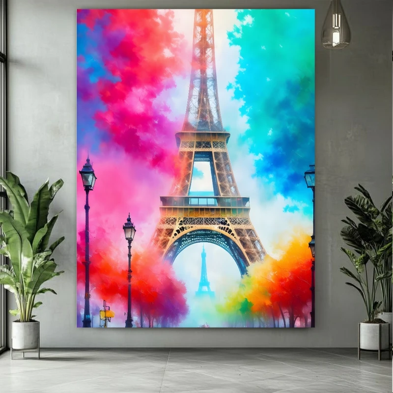تابلو بوم طرح مخمل نقاشی برج ایفل مدل رنگارنگ کد BK24624