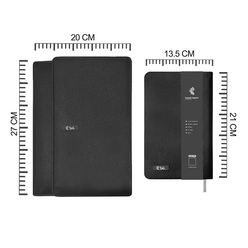 عکس شماره 7 : سالنامه 1404پدیده نقش مدل چرمی مشکی به همراه روان نویس و دفتر یادداشت و جعبه هاردباکس