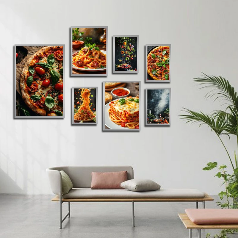 تابلو بکلیت طرح کافه و رستوران پیتزا و پاستا مدل SI-3797 فریم نقره ای مجموعه 7 عددی