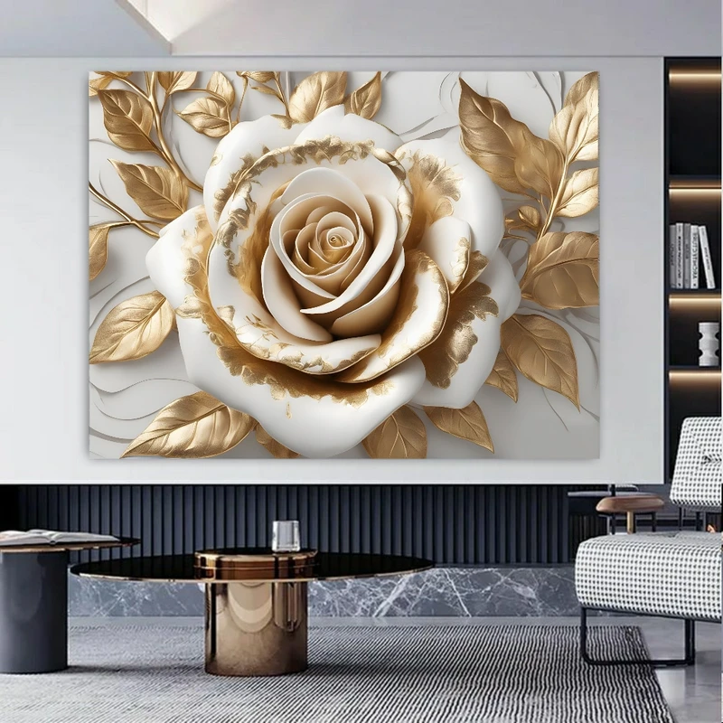 تابلو بوم طرح مخمل رز سفید مدل رگه طلایی کد GR1342