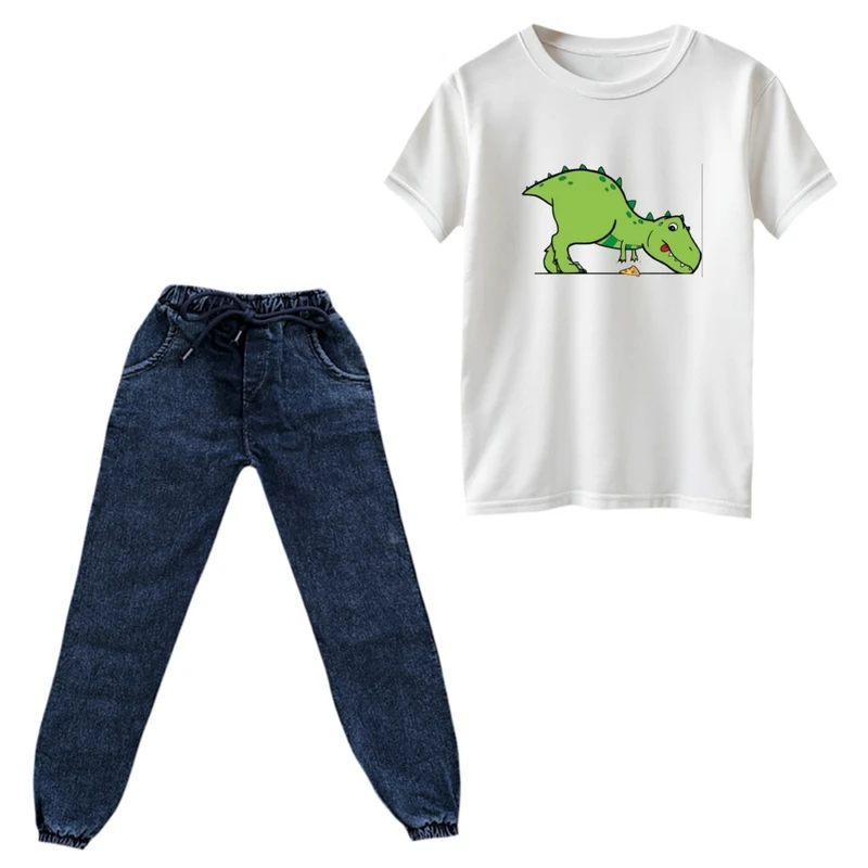 ست تی‌شرت و شلوار پسرانه مدل دایناسور کد 37 رنگ سفید