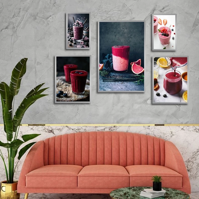تابلو ساده بکلیت طرح نوشیدنی و اسموتی مدل شاین اکلیلی SI-2808 فریم نقره ای مجموعه 5 عددی