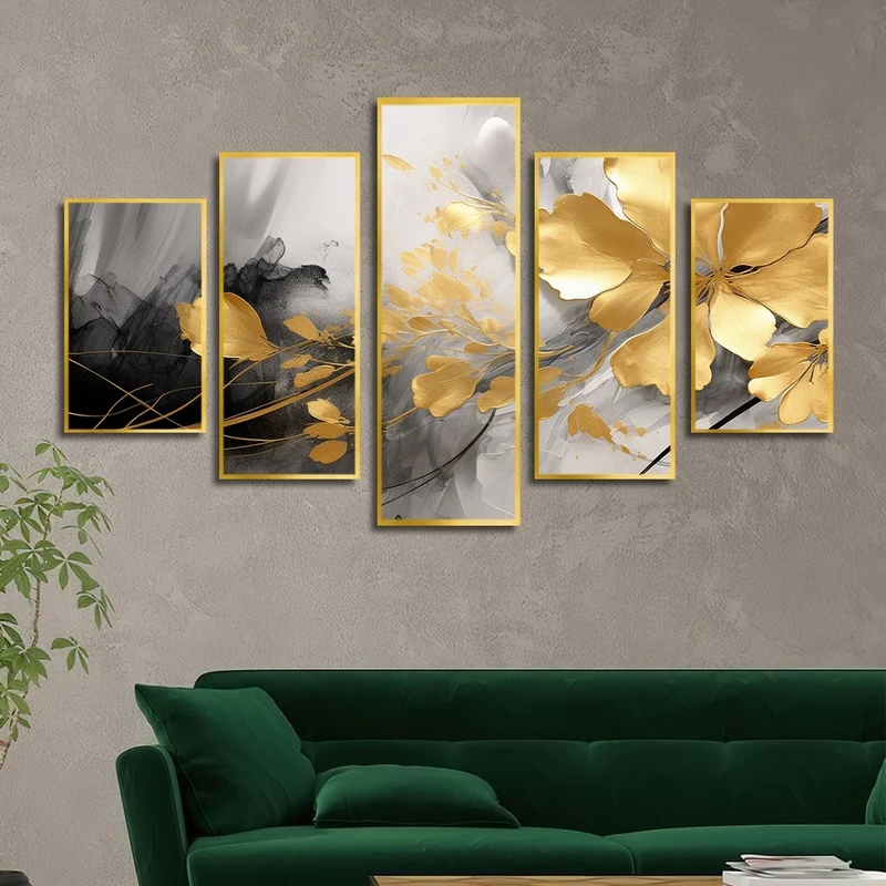 تابلو ساده بکلیت طرح نقاشی رنگ روغن گل طلایی مدل شاین اکلیلی T-2503 فریم طلایی مجموعه 5 عددی