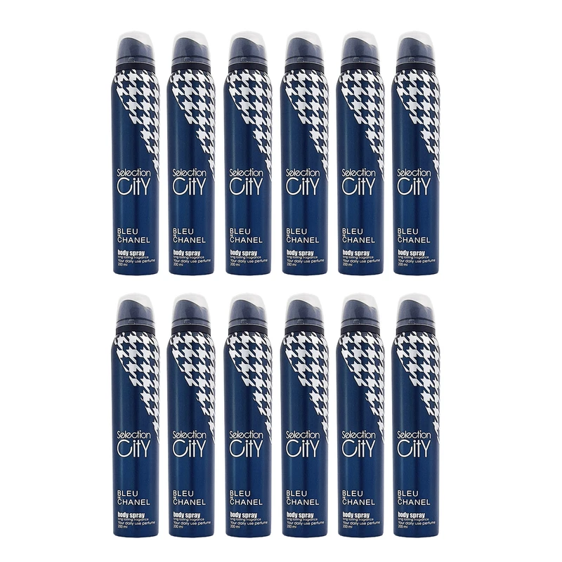 اسپری خوشبوکننده بدن مردانه سلکشن سیتی مدل Blue Chanel حجم 200 میلی لیتر مجموعه ۱۲ عددی