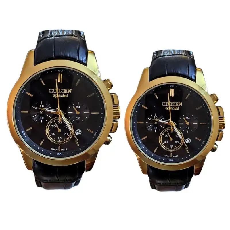 ست ساعت مچی عقربه ای زنانه و مردانه  مدل سه موتور فعال کورنوگراف چرمی 02