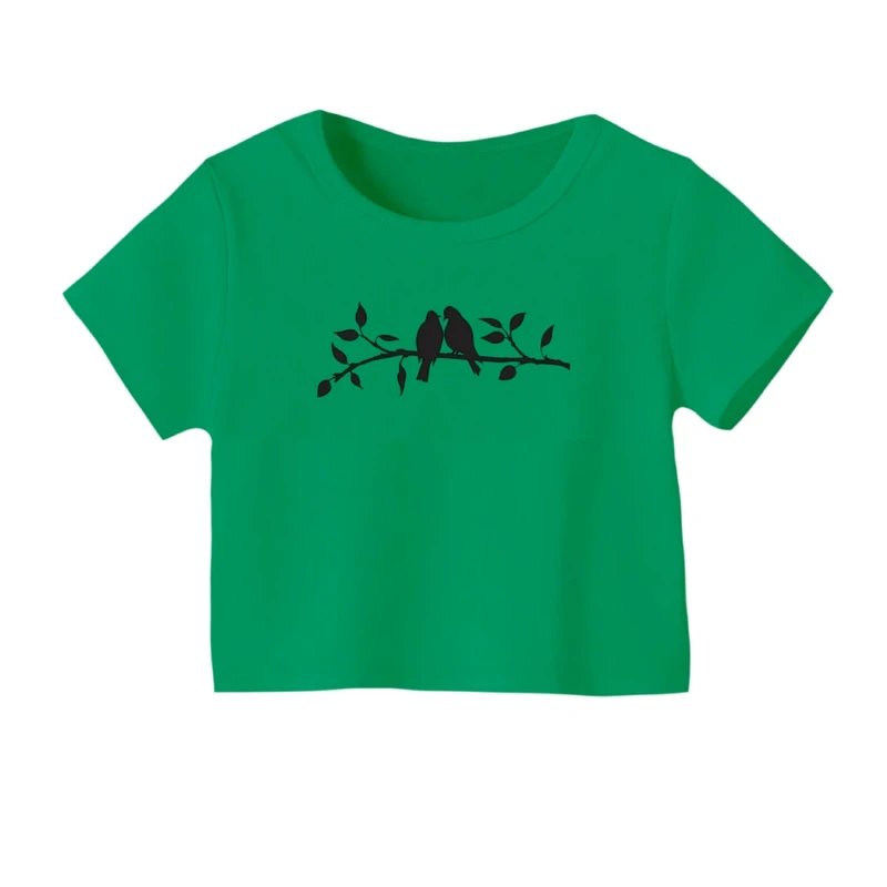 کراپ‌ تی‌شرت آستین کوتاه زنانه مدل پرنده و شاخه