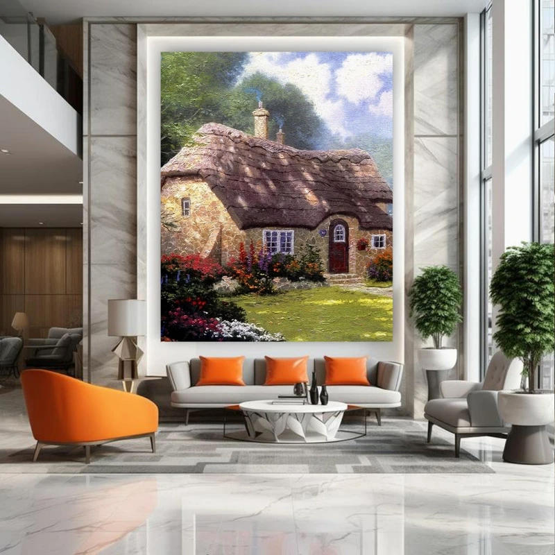 تابلو بوم طرح مخمل نقاشی کلبه مدل روستایی کد PY385