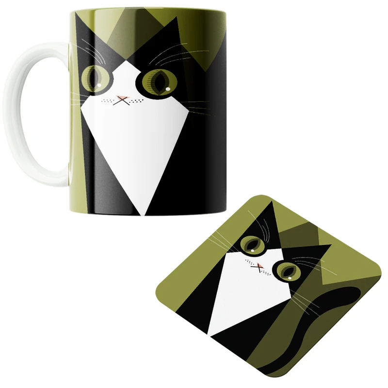 ماگ مدل گربه سیاه کد 86 به همراه زیرلیوانی