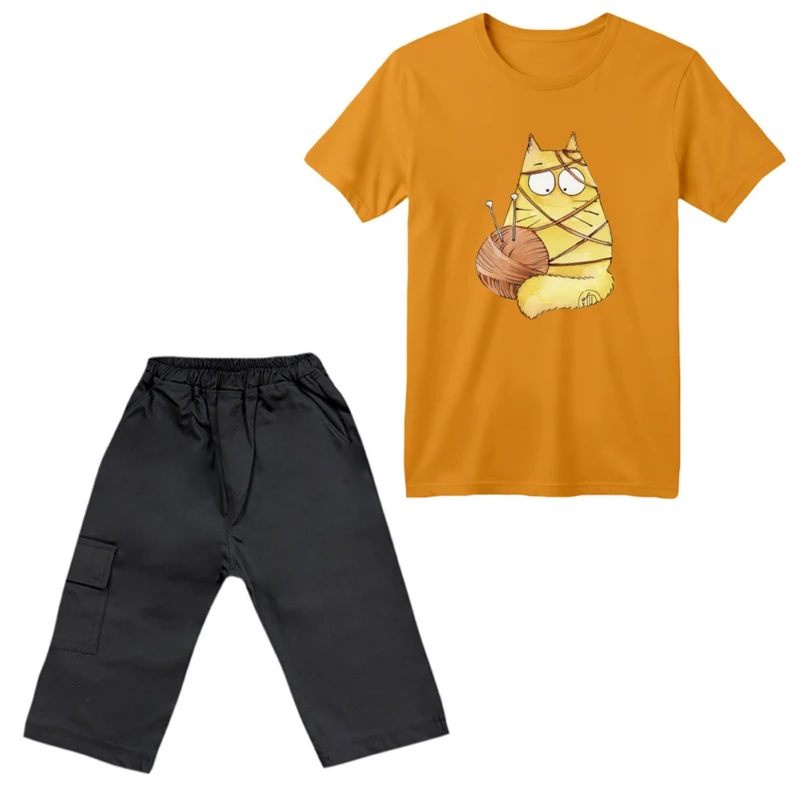 ست تی‌شرت آستین کوتاه و شلوارک دخترانه مدل گربه کد ۲۴