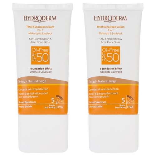 کرم ضد آفتاب رنگی هیدرودرم SPF 50 مدل NB ‌مناسب پوست‌های چرب و مختلط حجم 40 میلی‌لیتر مجموعه دو عددی