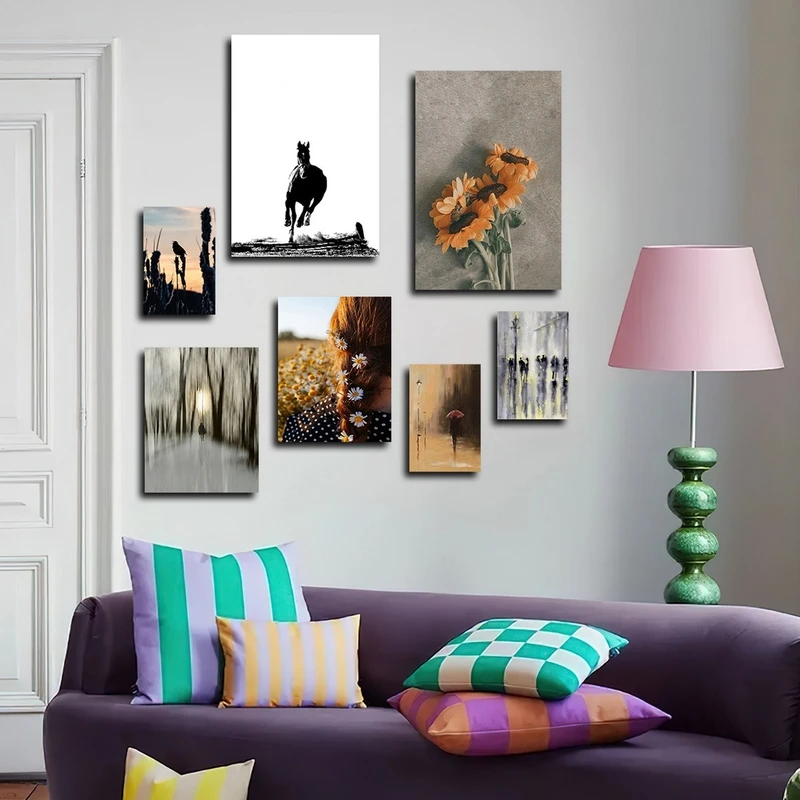 تابلو شاسی بکلیت طرح طبیعت گل آفتابگردان و اسب مدل SH-2376 مجموعه 7 عددی