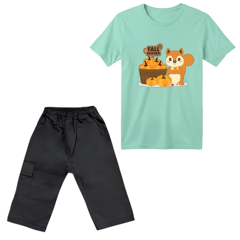 ست تی‌شرت آستین کوتاه و شلوارک پسرانه مدل سنجاب کد ۷ رنگ سبز روشن