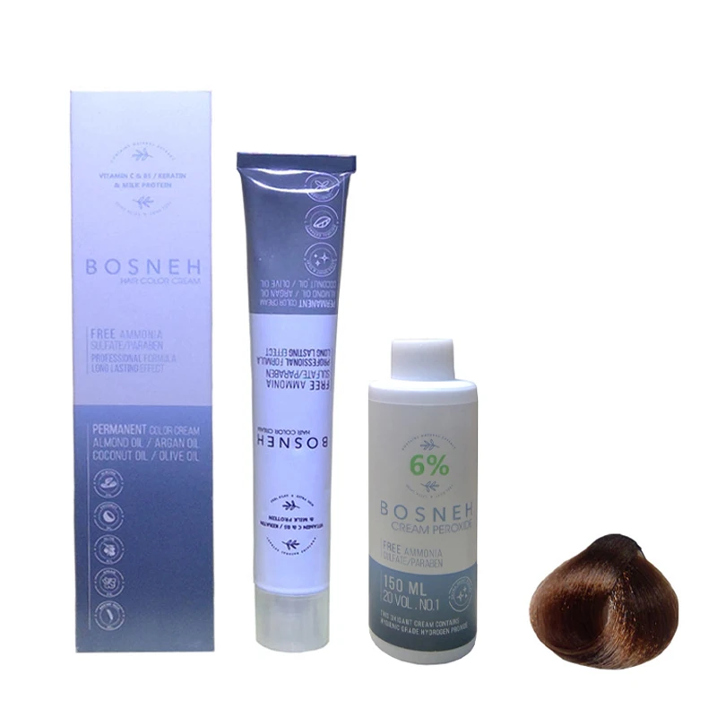 رنگ مو بوسنه مدل FREE AMMONIA شماره 6.73 حجم 100 میلی لیتر رنگ بلوند نسکافه ای تیره به همراه اکسیدان بوسنه مدل 20vol شش درصدی حجم 150 میلی لیتر