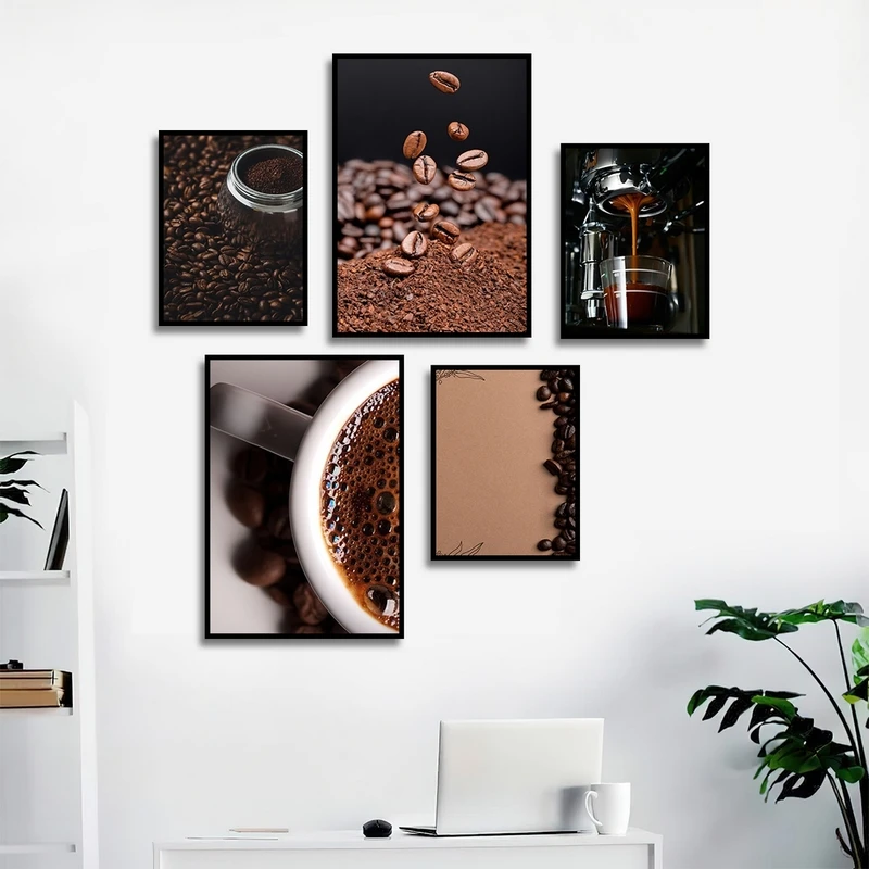 تابلو ساده بکلیت طرح کافه و قهوه مدل شاین اکلیلی B-2819 فریم مشکی مجموعه 5 عددی