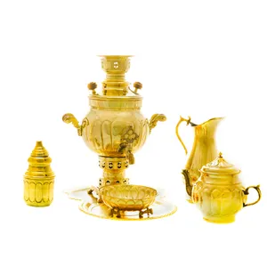 سرویس سماور ذغالی 6 پارچه برنجی مدل عدسی ترک دار کد 4419