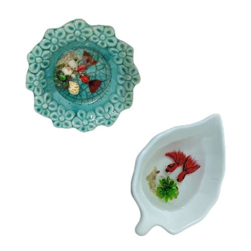 ظرف ماهی هفت سین سرامیکی مدل دور گل و شمشاد مجموعه 2 عددی