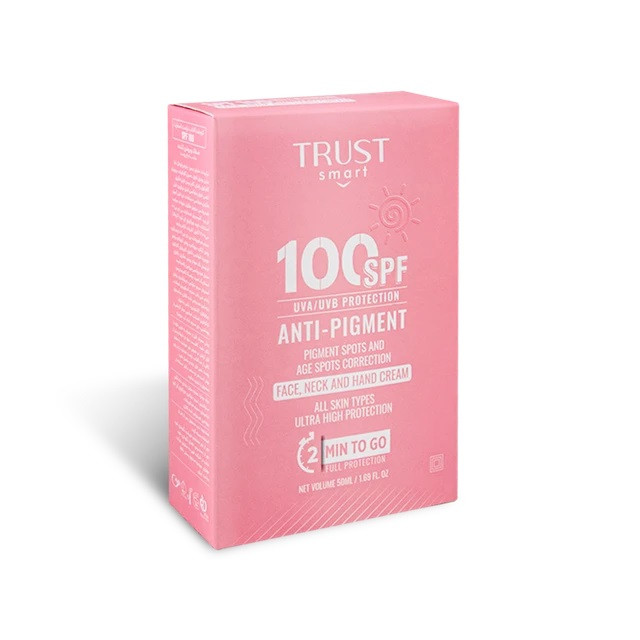 کرم ضد آفتاب بی‌رنگ صورت تراست اسمارت SPF 100 مدل Anti pigment ‌مناسب برای انواع پوست حجم 50 میلی‌لیتر