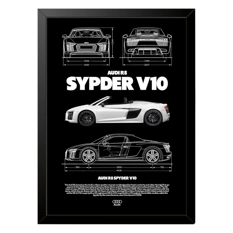 تابلو بکلیت طرح ماشین و خودرو آئودی AUDI R8 SPYDER V10 مدل b-po1563 فریم مشکی