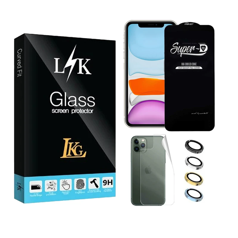 محافظ صفحه نمایش ال کا جی مدل سوپر دی مناسب برای گوشی موبایل اپل iPhone 11Pro به همراه محافظ پشت گوشی و محافظ لنز
