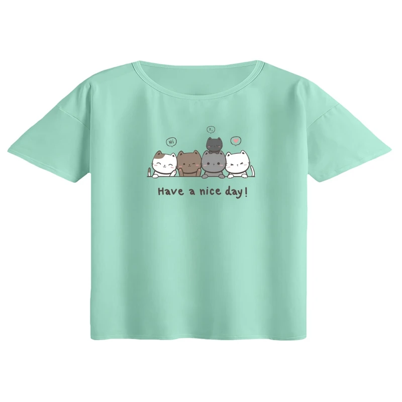 کراپ تی‌شرت آستین کوتاه زنانه مدل گربه های بامزه