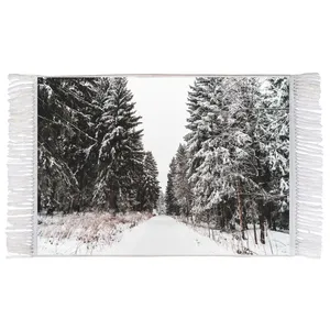 فرش ماشینی دیوارکوب اطلس آبی طرح منظره زمستان و درخت و برف مدل T1882 