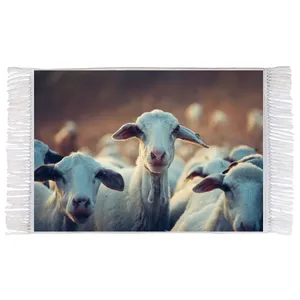 فرش ماشینی دیوارکوب اطلس آبی طرح گله بز و گوسفند مدل T1591 