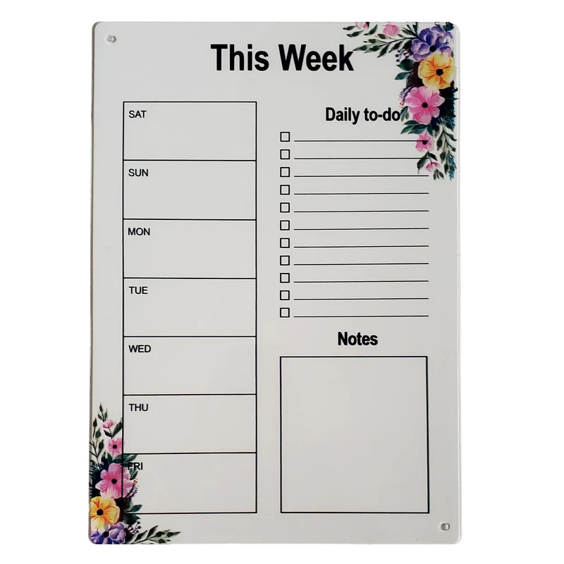 تخته وایت برد مدل پلنر هفتگی گل دار سایز 20*30 سانتی متر
