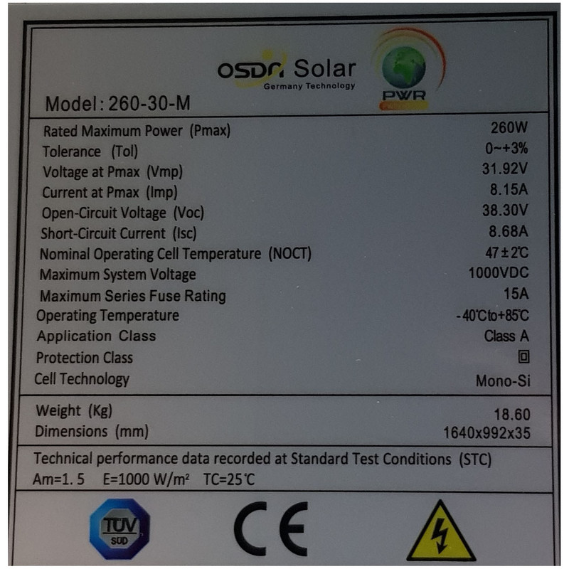پنل خورشیدی مدل 260-30-M ظرفیت 260 وات