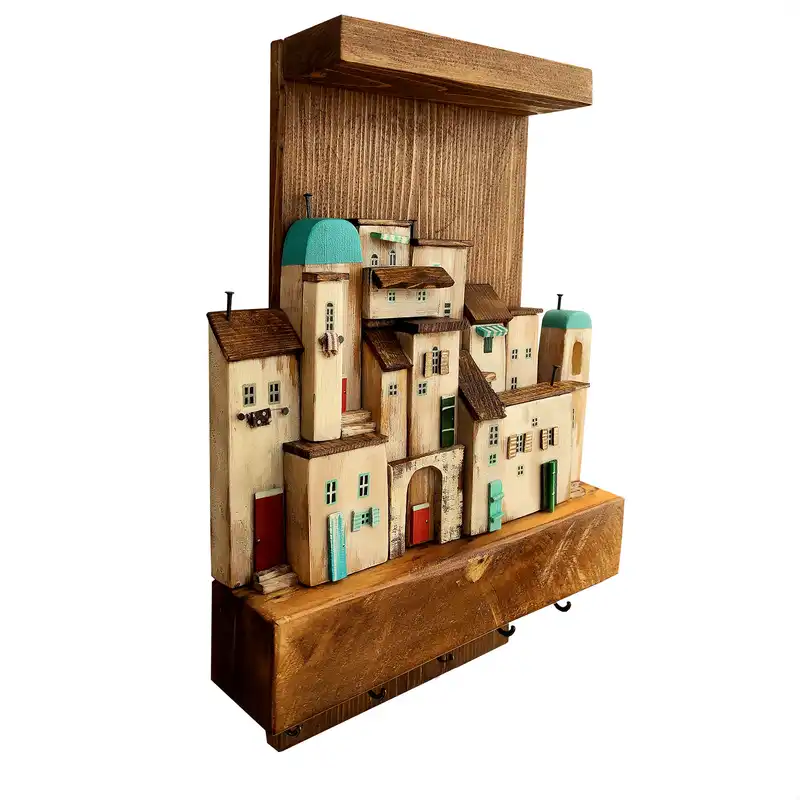 جاکلیدی دیواری چوبی مدل دهکده فانتزی کد 1130