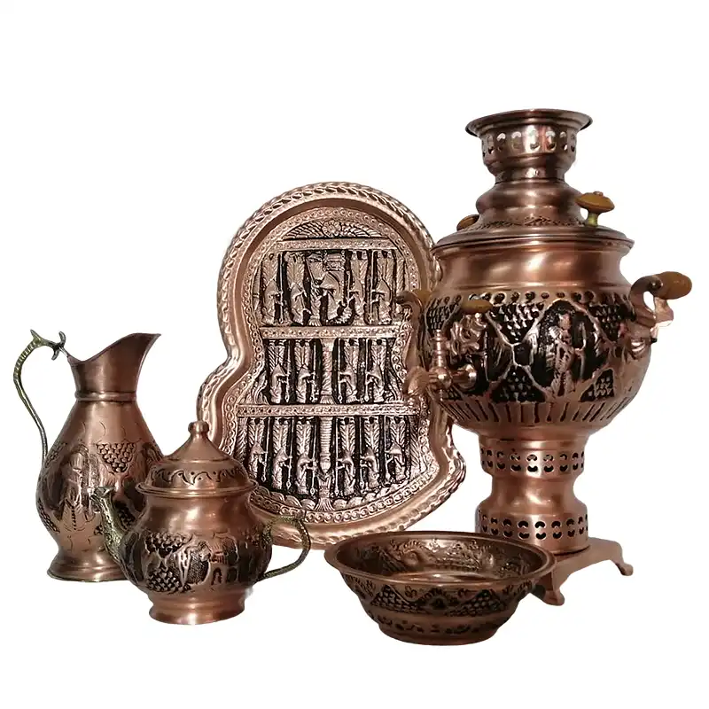 سرویس سماور ذغالی 5 پارچه مسی مدل قلمکاری کد D3L