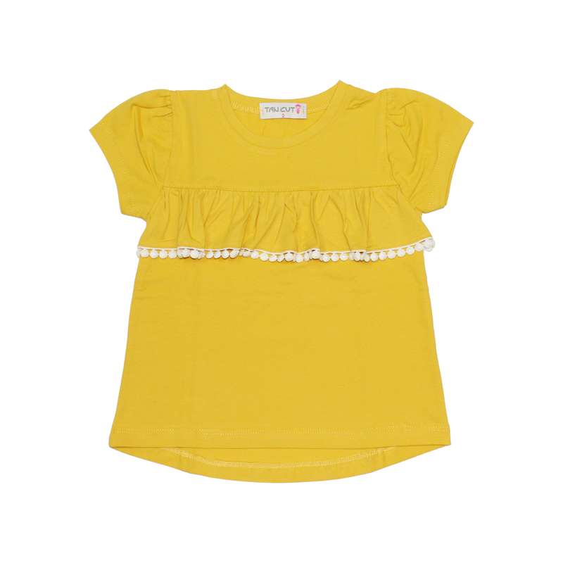 تی شرت آستین کوتاه دخترانه تن کات طرح چین دار مدل 20367 رنگ زرد