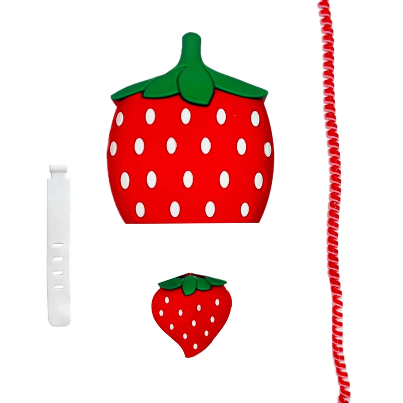 محافظ کابل مدل توت فرنگی به همراه محافظ شارژر دیواری مجموعه 4 عددی