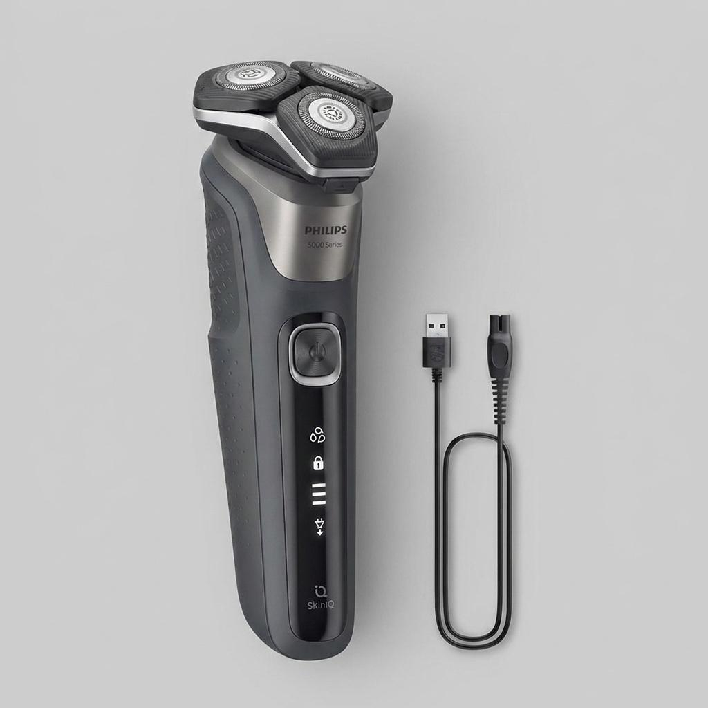 ماشین اصلاح موی صورت فیلیپس مدل SHAVER 5000 Series با تیغه‌های کربن استیل، سنسور هوشمند، سرهای انعطاف‌پذیر 360 درجه، ضد آب، قابلیت اصلاح با شماره صفر، شارژ سریع و منبع انرژی کابل USB