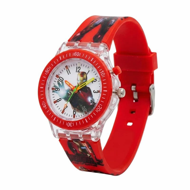 ساعت  مچی عقربه‌ای کوارتز پسرانه مدل بند سیلیکونی چراغدار طرح آدم آهنی