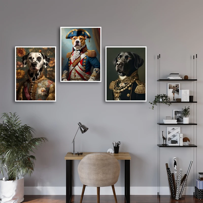 تابلو بکلیت طرح دکوراتیو سگ اشرافی  کد W-MR-1095 فریم سفید مجموعه 3 عددی