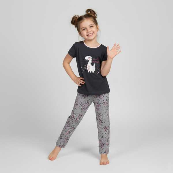 ست تی شرت و شلوار دخترانه ناربن مدل دایناسور رنگ طوسی