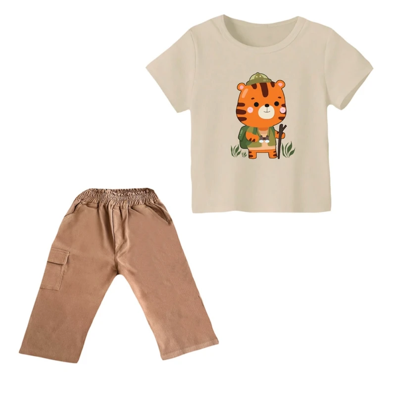 ست تی شرت و شلوارک پسرانه مدل ببر کد ۱۵ رنگ کرم