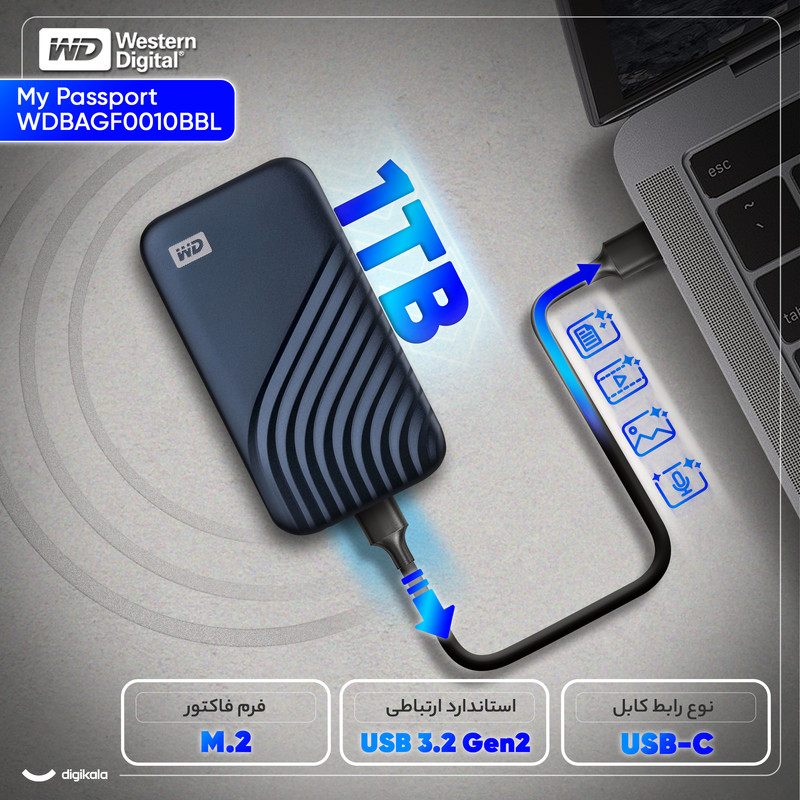 اس اس دی اکسترنال وسترن دیجیتال مدل My Passport WDBAGF0010BBL ظرفیت 1 ترابایت رابط USB 3.2 Gen2