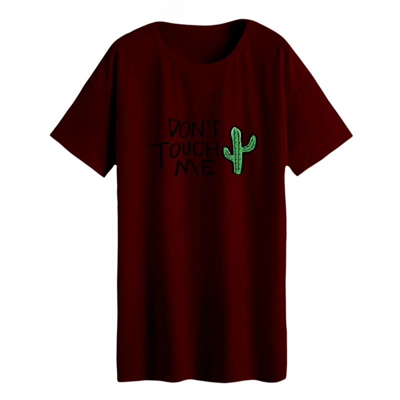 تی شرت لانگ زنانه مدل کاکتوس به من دست نزن رنگ زرشکی