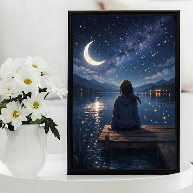 تابلو نوری طرح دختر و ماه کد 72 فریم مشکی