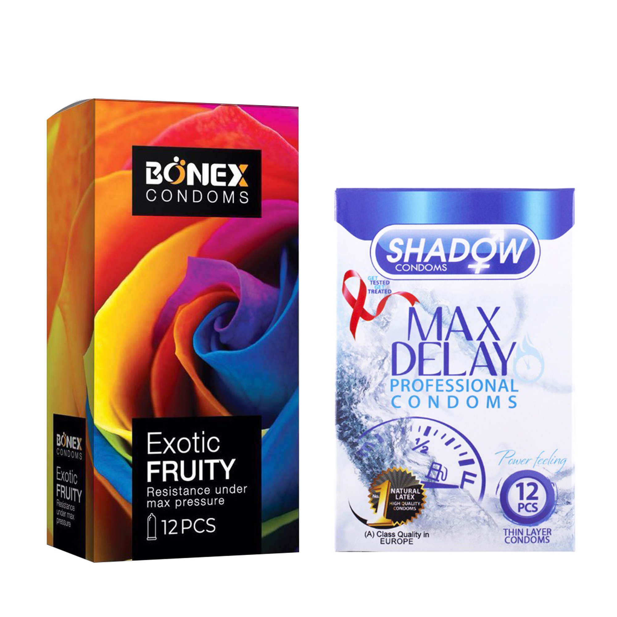 کاندوم بونکس مدل Exotic Fruity بسته 12 عددی به همراه کاندوم شادو مدل Max Delay بسته 12 عددی