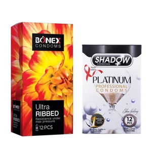 کاندوم بونکس مدل Ultra Ribbed بسته 12 عددی به همراه کاندوم شادو مدل Platinum بسته 12 عددی