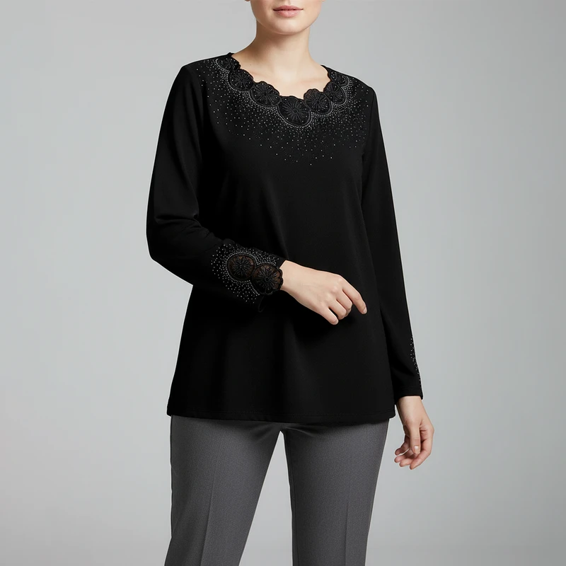 بلوز آستین بلند یقه گرد زنانه مدل مجلسی نگین دار